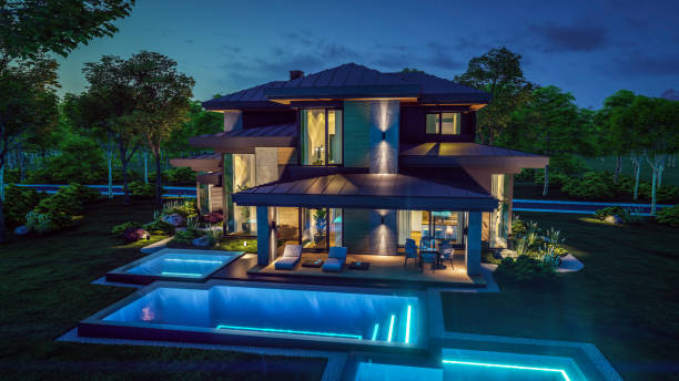 istock 3d rendering of modern house in luxurious style in night 2151705505