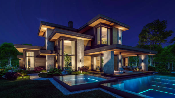 istock 3d rendering of modern house in luxurious style in night 2151705515
