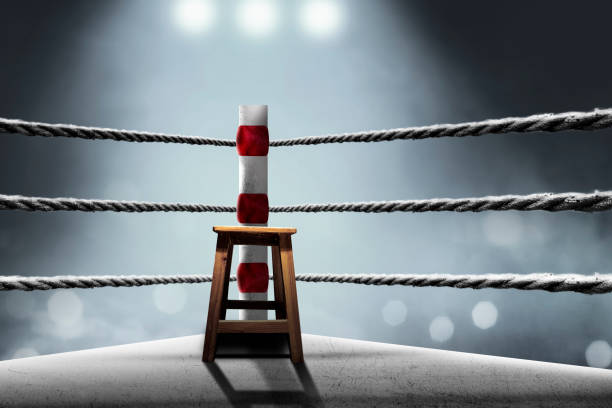 3D Character standing victorious in ring against opponent. 3D Rendering isolated on white.