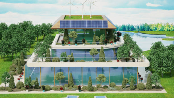 istock Innovative Green Building Featuring Solar Panels and Wind Turbines in an Urban Setting 2151705724