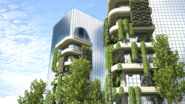 Modern Sustainable Architecture Featuring Greenery on Facades Under a Clear Blue Sky