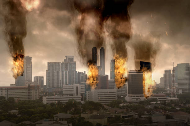 istock Burned and destroyed building in apocalypse city 2151706965