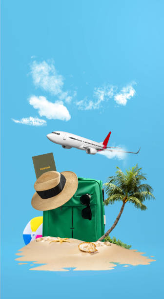 istock Flying airplane with globe, suitcase, passport, and beach hat on a colored background. Ready for traveling 2151707126