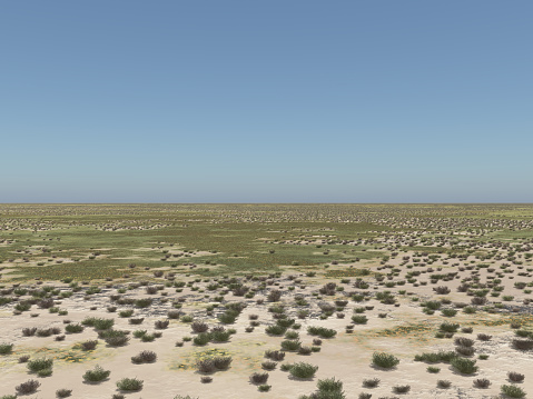 Computer generated 3D illustration with a flat steppe landscape