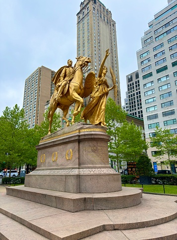 New York City, New York: 05/05/2024- On Grand Army Plaza is a monument to Union Army General Sherman by American Augustus Saint-Gaudensin 1903.