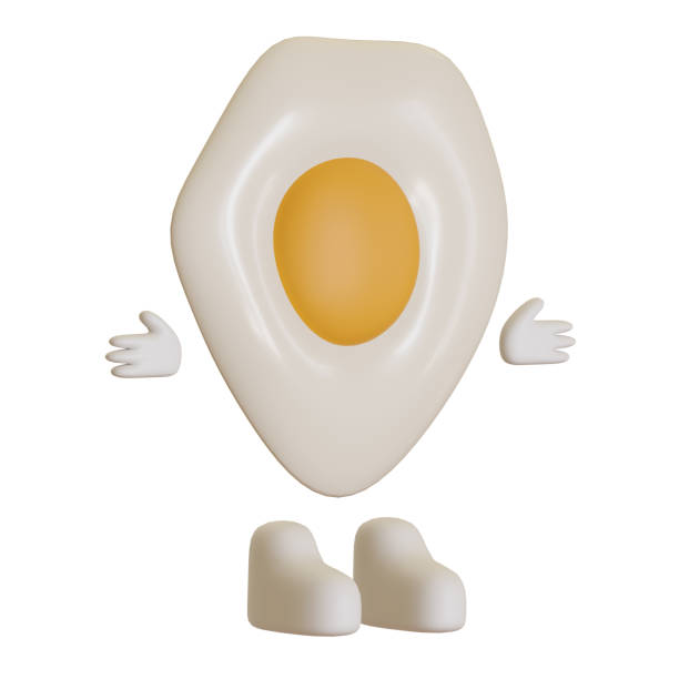 Cartoon style egg character fried egg raises hands and foot. 3d rendering