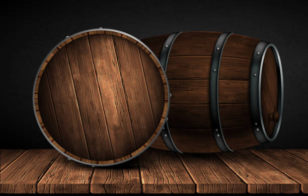 stockillustraties, clipart, cartoons en iconen met two wine barrels on a wooden table. highly realistic illustration. - ton