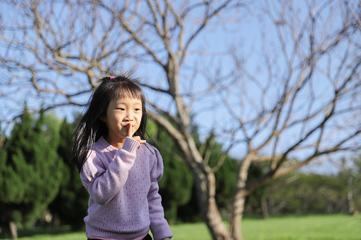A girl plays hide and seek with her friends on the grass in the park. The winter sun shines on the woods and the girl's face, and the whole world becomes very warm