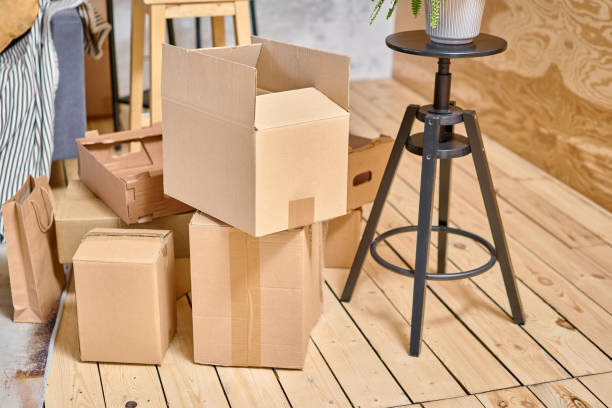 istock Cardboard boxes, potted plants and household stuff indoors. Moving day 2151726151