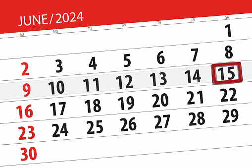 Calendar 2024, deadline, day, month, page, organizer, date, June, saturday, number 15.