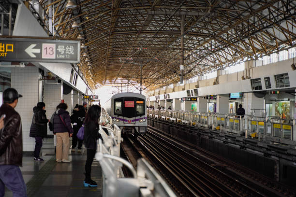 Shenzhen, China -February 18 , 2024:No. 13 subway station in Shanghai, China, the subway is slowly entering the platform