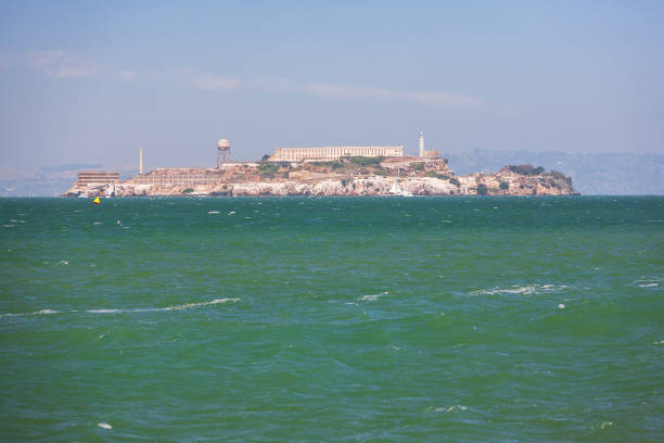 Alcatraz jail island in San Francisco bay. View from the side of the Golden Gate Bridge