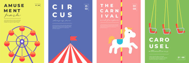 Amusement park festive minimal trendy poster set. Ferris wheel and circus on print. Carnival funfair carousel minimalistic creative design banner. Fun fair festival simple flat modern placard Amusement park festive minimal trendy poster set. Ferris wheel and circus on print. Carnival funfair carousel minimalistic creative design banner. Fun fair festival simple flat eps modern placard school carnival stock illustrations