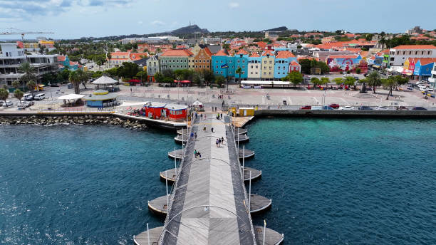 Famous Catwalk At Punda In Willemstad Curacao. Caribbean Island. Downtown Skyline. Punda At Willemstad Curacao. Floating Bridge Landmark. Colored Buildings.