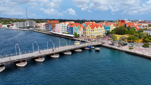 Downtown Punda At Otrobanda In Willemstad Curacao. Caribbean Island. Downtown Skyline. Otrobanda At Willemstad Curacao. Floating Bridge Landmark. Colored Buildings.