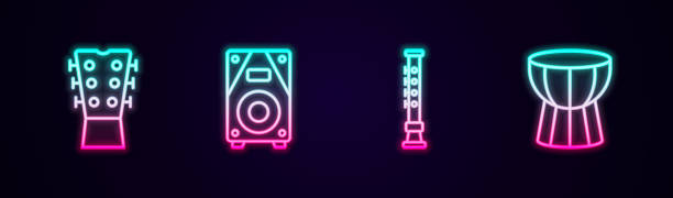 istock Set line Guitar neck, Stereo speaker, Flute and African darbuka drum. Glowing neon icon. Vector 2151739995
