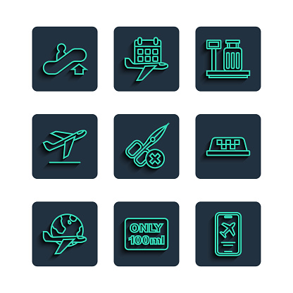 Set line Globe with flying plane Liquids carry-on baggage Mobile ticket Scale suitcase No scissors Plane takeoff Escalator up and Taxi roof icon. Vector.