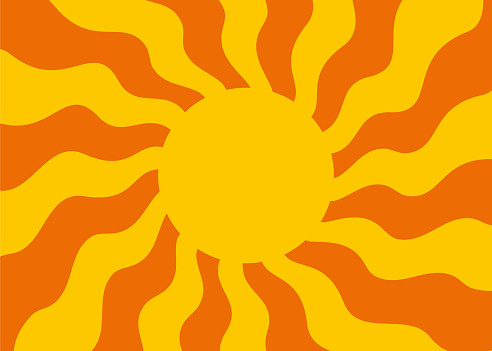 Retro banner with sun and rays in style of 70s. Sunburst, sunrise summer background. Sunbeam illustration, starburst geometric pattern. Stock illustration