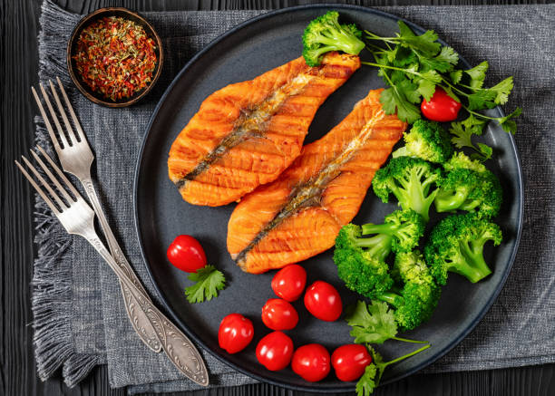 istock grilled salmon steaks with broccoli and tomatoes 2151751304