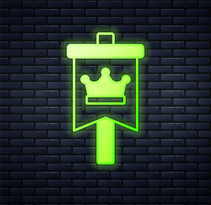 Glowing neon Medieval flag icon isolated on brick wall background. Country, state, or territory ruled by a king or queen. Vector.