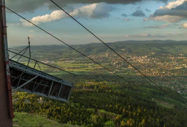 Color spring sunset in hot evening with yellow sun on Jested hill Liberec CZ 05 03 2024