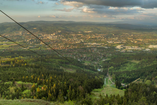 Color spring sunset in hot evening with yellow sun on Jested hill Liberec CZ 05 03 2024