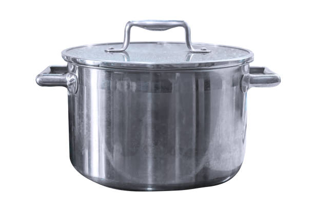 Kitchen Stainless steel pan isolate on a white background close-up.