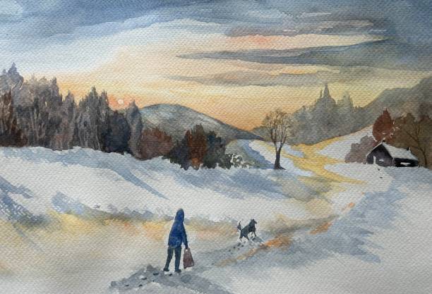 istock Snowscene with person and dog walking home at dusk 2151760975