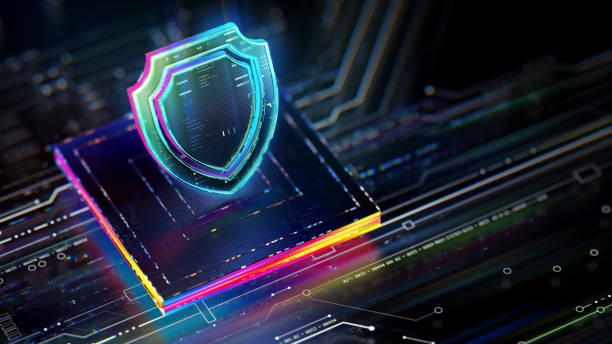 istock Data security concept. Digital shield icon in the center of CPU & circuit board with vibrant data transfers, representing evolving on-line and off-line security solutions 2151760981
