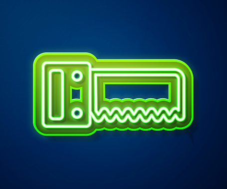 Glowing neon line Hand saw icon isolated on blue background. Vector.