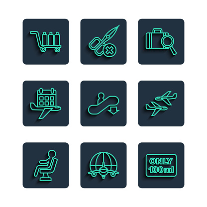 Set line Human waiting in airport terminal Globe with flying plane Liquids carry-on baggage Lost Escalator down Calendar and airplane Trolley and Plane icon. Vector.