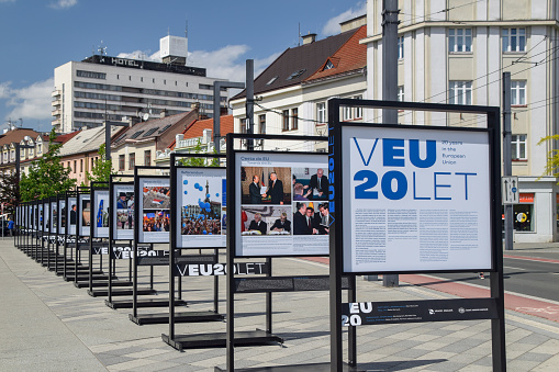 Hradec Kralove, Czech Republic. MAY3,2024.\nHradec Kralove city streets. Publicity panels commemorating the 20th anniversary of the Czech Republic's accession to the European Union
