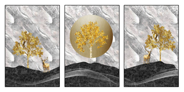istock 3 pieces marble wall canvas art. golden tree and deer with black mountains. abstract wall decoration 2151767043