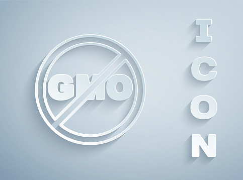 Paper cut No GMO icon isolated on grey background. Genetically modified organism acronym. Dna food modification. Paper art style. Vector.