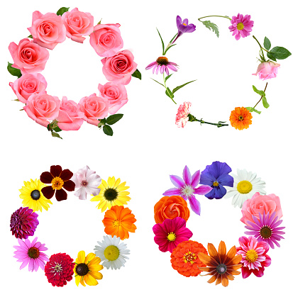 Set of garland of colorful seasonal flowers, isolated white