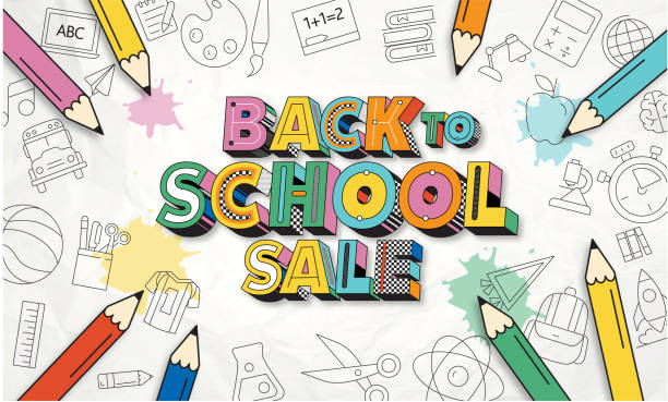 back to school sale retro 90s style banner template design with crumpled paper and pencils 3d text education and fun icons - back to school stock illustrations