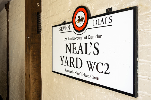 London, United Kingdom - April 29, 2024: Signboard of Neal's Yard, a colorful and vibrant pedestrian-only alley in the Covent Garden area of London