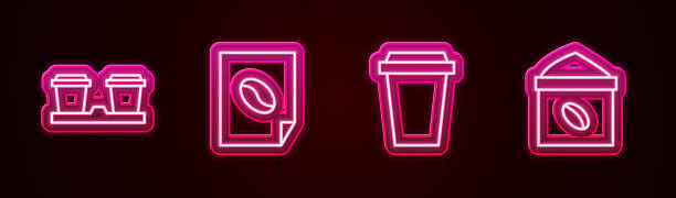 istock Set line Coffee cup to go, poster, and Bag coffee beans. Glowing neon icon. Vector 2151780350