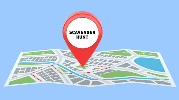 istock Scavenger Hunt Map 3D Illustration with Red Pin, find hidden clue on Treasure map 2151783139