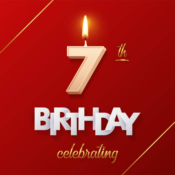 istock Birthday 7 number candles with fire for anniversary cake vector illustration. 3D realistic beige wax numbers ten with candlelight, white and gold font on red background for invitation, greeting card 2151796032