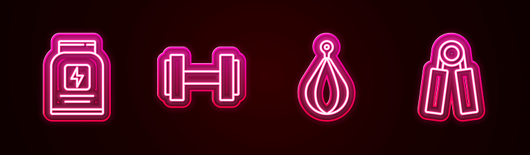 Set line Sports nutrition, Dumbbell, Punching bag and expander. Glowing neon icon. Vector.