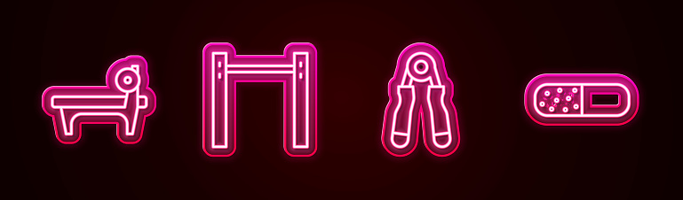 Set line Bench with barbel, Horizontal, Sport expander and Vitamin pill. Glowing neon icon. Vector.