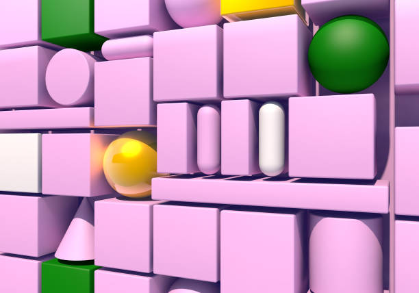 Abstract background with wall of multiple 3d shapes in 80s style