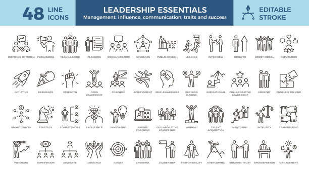 ilustrații de stoc cu set de pictograme de conducere. elemente vectoriale de linie subțire. lider, management, comunicare, lucru în echipă, influență, responsabilitate, succes - îndrumare