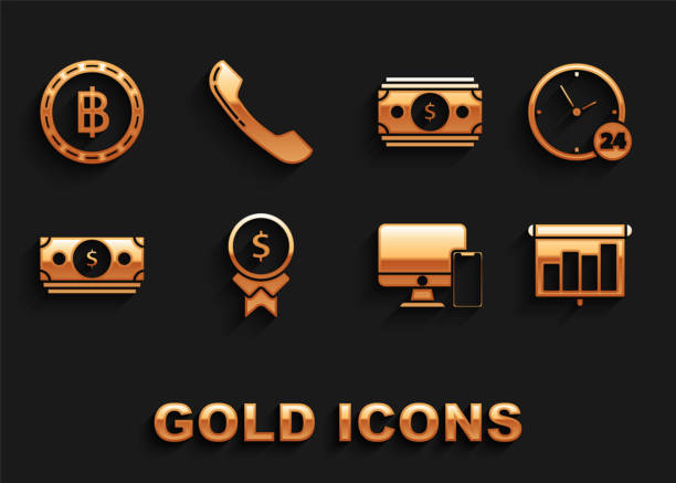 istock Set Reward for good work, schedule, chart, diagram, infographic, pie graph, Computer monitor and mobile phone, Stacks paper money cash, Cryptocurrency coin Bitcoin and Telephone handset icon. Vector 2151812557