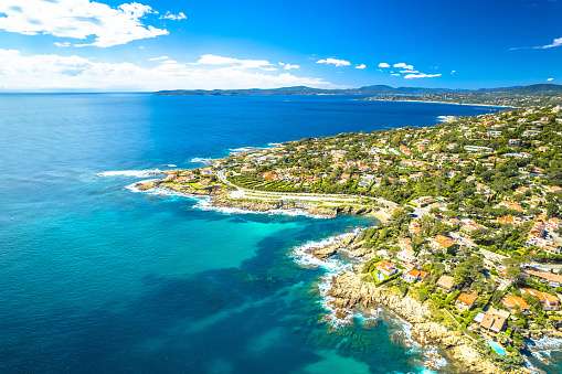 Scenic coastline of French riviera near Sainte Maxime aerial view, southern France