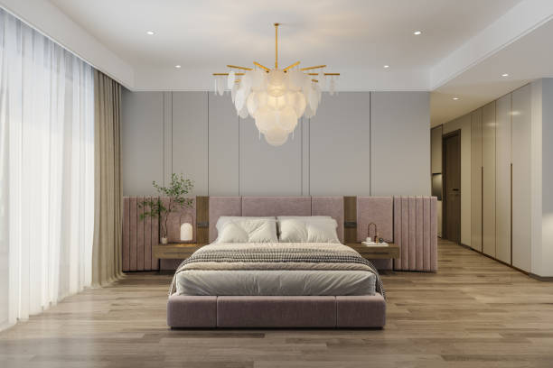 Modern Bedroom Interior With Double Bed, Night Tables And Closet