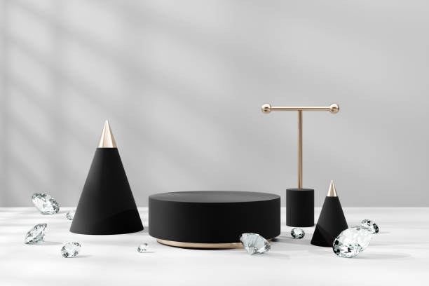 istock Premium 3D | Abstract minimalistic with empty black gold cylinder  podium set against a backdrop of product display mockup geometric platforms that are abstract Stage for showcase in landscape 2151830387