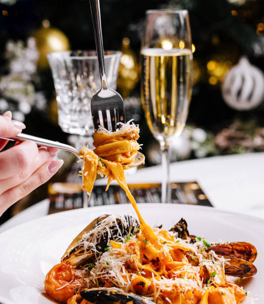 istock Gourmet seafood pasta with champagne 2151836172