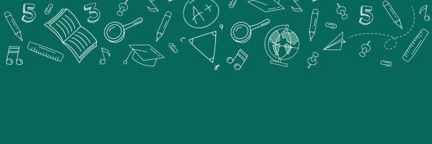 illustrations, cliparts, dessins animés et icônes de concept de retour à l’école dans le style doodle à la craie sur tableau noir. modèle de bannière avec cadre de fournitures scolaires. modèle d’affiche d’école avec des accessoires dessinés à la main et un espace de copie. illustration vector - brosse effaceur